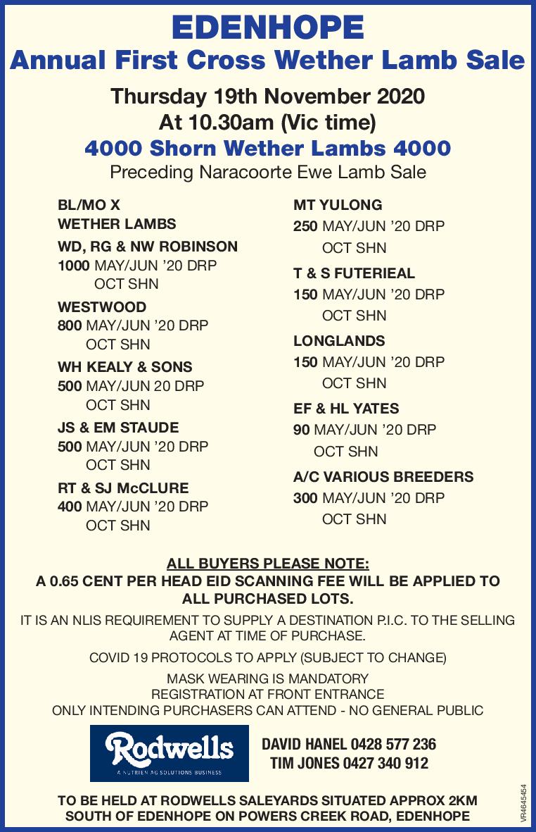 EDENHOPE Annual First Cross Wether Lamb Sale